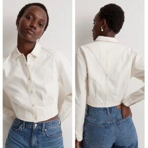 Madewell Denim Pleated Cropped Button Up Shirt Ivory Small